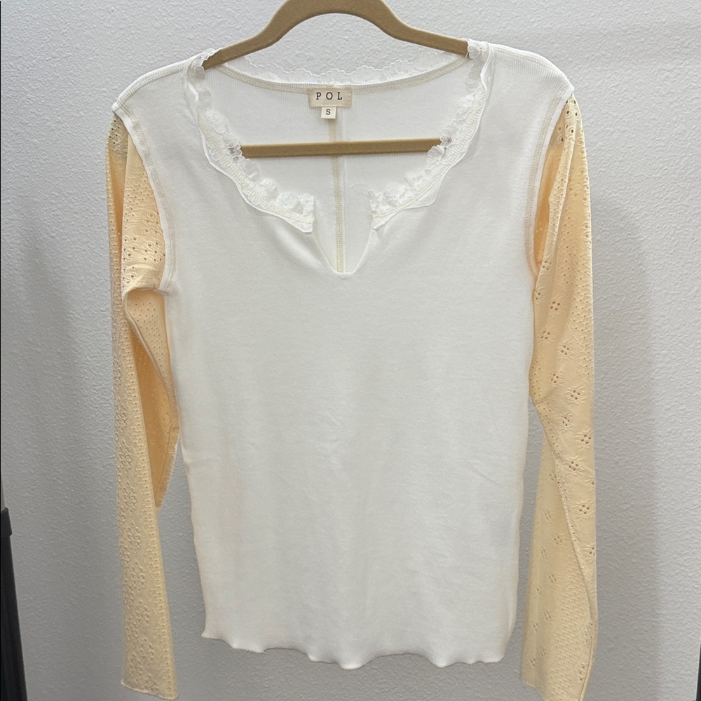 POL Women's Lace Trim Long Sleeve Top - Cream and Tan